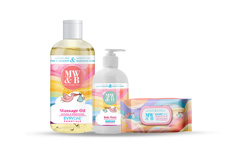 Buy Combo of Baby Wipes, Body Wash & Massage Oil by MW&B | EVRYDAE Essentials